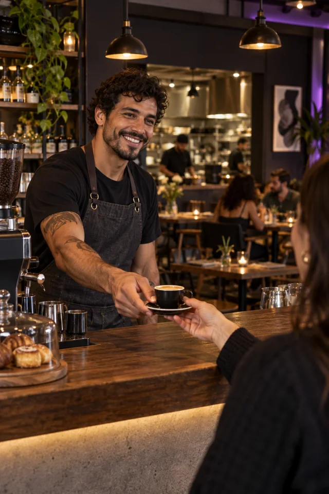 Barista servindo café a uma cliente