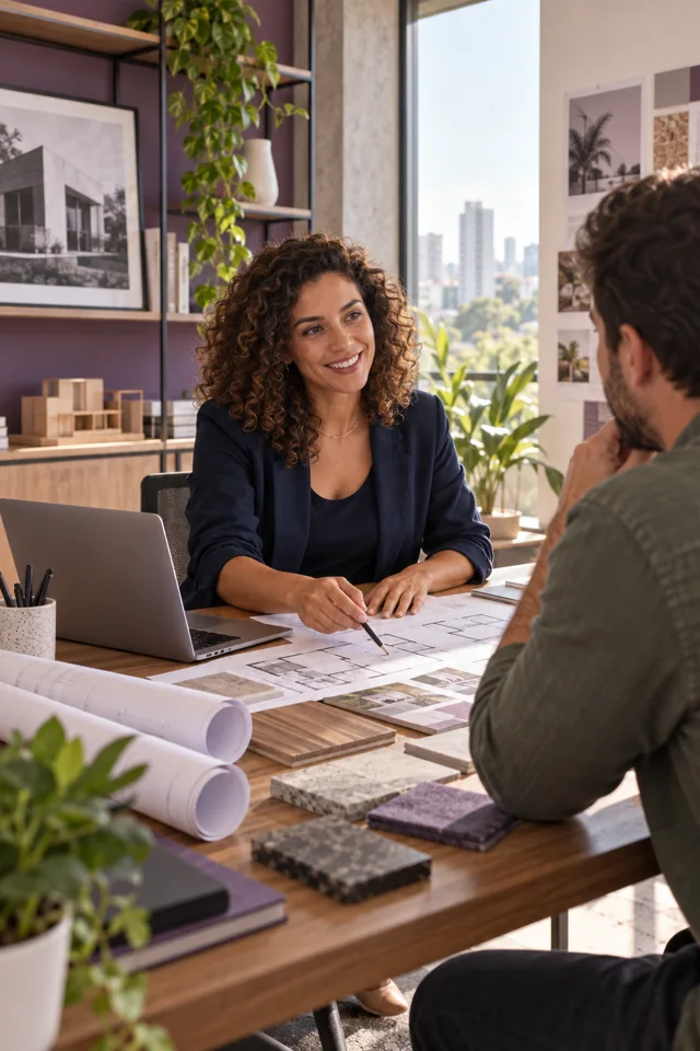 Arquiteta conversando com um cliente em seu estúdio