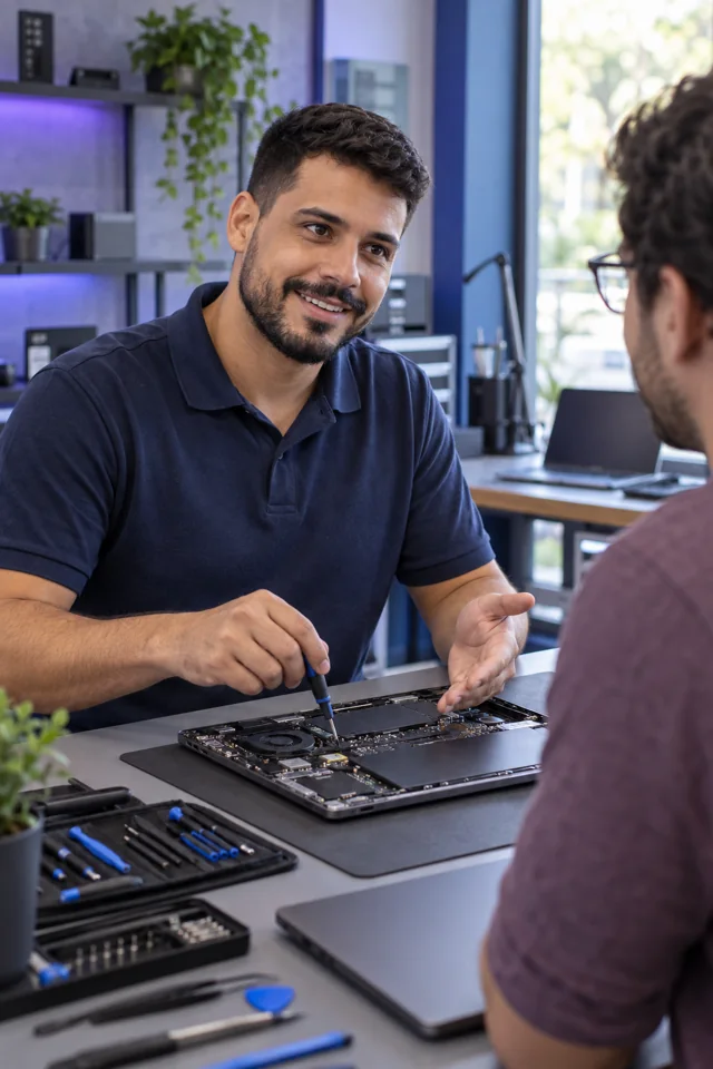 Profissional prestando assistência técnica em um computador
